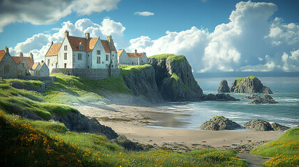 English costal houses, faces to beach and sea. 