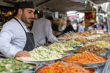 Fototapeta premium Local food market during a cultural festival featuring a variety of traditional dishes and lively stalls.
