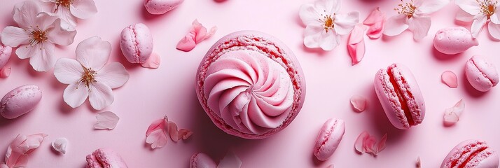 Vibrant pink macarons paired with blooming cherry blossoms create an elegant aesthetic on this stylish tabletop.