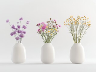 Collection of 3 beautiful flowers in isolated ceramic jars on a white background. 3D rendering.
