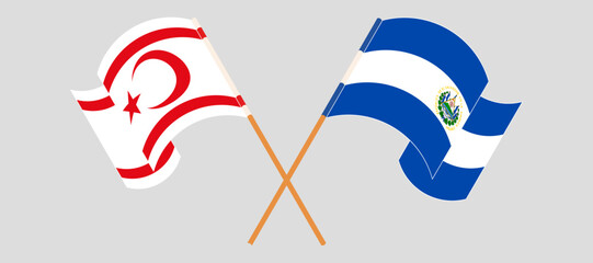 Crossed and waving flags of Northern Cyprus and Republic of El Salvador. Vector illustration