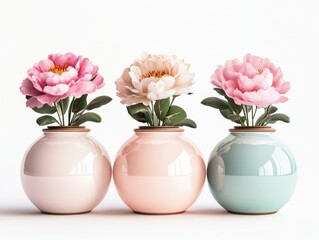 Collection of 3 beautiful flowers in isolated ceramic jars on a white background. 3D rendering.
