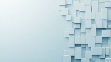 Minimalist 3D composition of white cubes floating in an abstract arrangement against a gray background