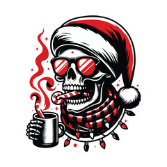 Grunge Christmas Skull Smoking in Santa Hat  Rock Music Holiday Art