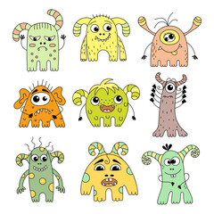 Nine funny multi-coloured monsters. Fabulous creatures in your design. A set of cartoon microbes, aliens.