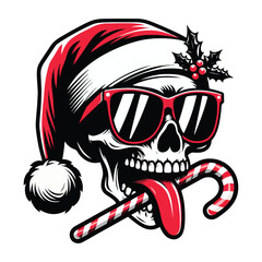 Edgy skull illustration wearing sunglasses and a Santa hat, holding candy canes, surrounded by Christmas lights in a festive theme.