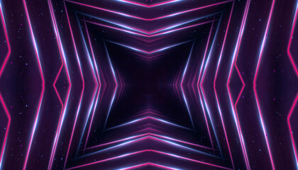 Neon light in tunnels, rays and lines. Perspective of light in motion. Dark abstract neon background, empty stage.