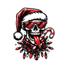 Colorful Santa Claus Skull Wearing a Christmas Hat with Sunglass, candy, lights Vector Illustration