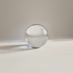 A clear sphere on a clean surface balancing shadow and light softly.