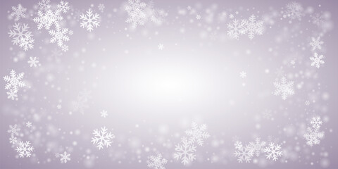 Fototapeta premium Beautiful falling snow flakes composition. Snowstorm dust frozen granules. Snowfall sky white gray backdrop. Mess snowflakes january vector. Snow nature landscape.