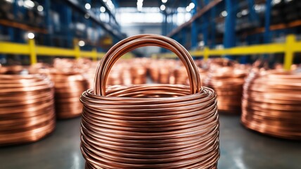 Close-up of copper wire coils in a manufacturing facility, showcasing industrial production and metallic texture.