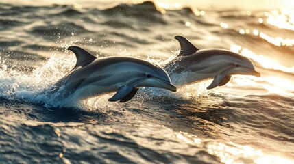 Fototapeta premium Two dolphins leaping out of the ocean waves during a golden sunset.