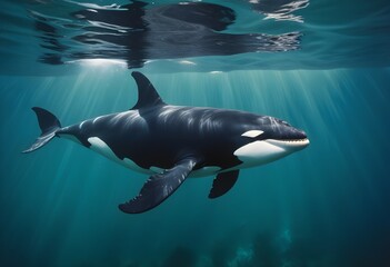 Naklejka premium An orca swimming underwater in a blue-green ocean environment