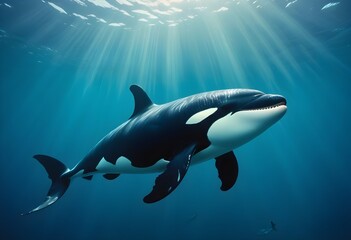 Fototapeta premium An orca swimming underwater in a blue-green ocean environment