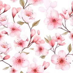 watercolor branches of the cherry blossom seamless pattern on white background