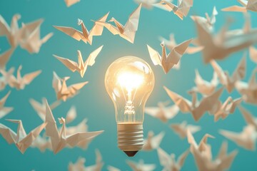 paper cranes soar to a brilliant lightbulb, symbolizing creativity and innovation challenge concept banner