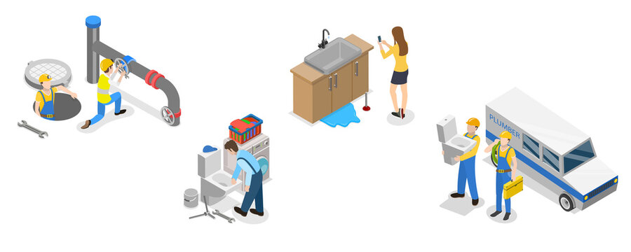 3D Isometric Flat  Illustration of Plumbers, Pipeline Repair, Clogged Toilet, Sewer Cleaning