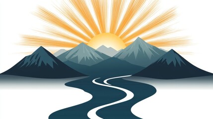 A winding river flows through a mountain valley, with a sunrise breaking over the peaks.