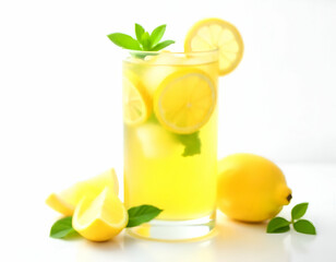 Fototapeta premium A glass of iced tea or lemonade with lemon slices and mint leaves, surrounded by fresh lemon wedges on a white background