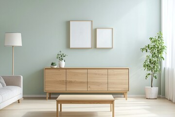 A Scandinavian interior photo of a residential living room with mint-colored walls and wood cabinets and wood tables. Generative AI
