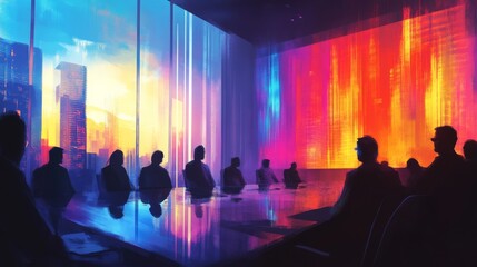 Obraz premium Modern Office Meeting with City View at Sunset