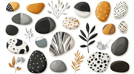 Collection of abstract painted stones and branches isolated on white background.