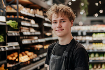Young male supermarket employee in front of racks in grocery or a supermarket.
