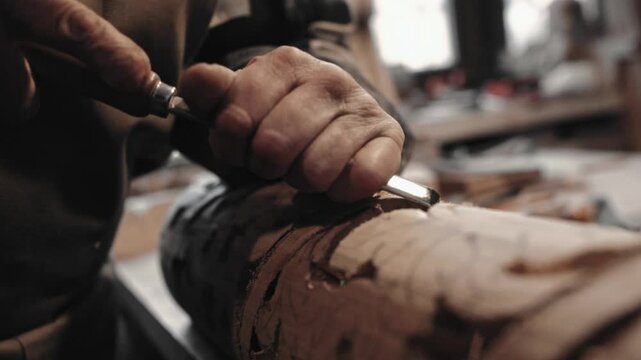 Older Caucasian male hands holding chisel. Following drawn pencil lines on large long piece of wood. Using professional tool for carpentry. Creating ornament. Joiner working hard in bright room.