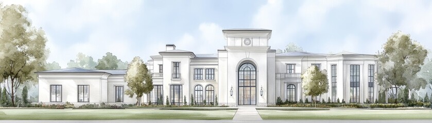 Fototapeta premium White luxury mansion with large arched entrance.