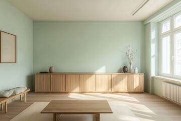 A picture of a Scandinavian interior with a living room and wood table and wood cabinet in a country house with mint walls. Generative AI
