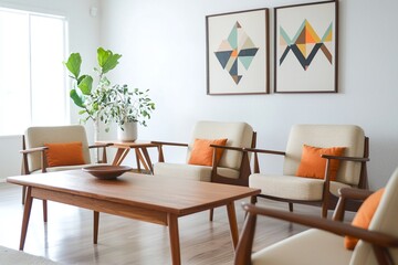 A photo of a mid-century modern interior living room in a small farmhouse house with white walls hanging art frames and armchairs and wooden tables. Generative AI
