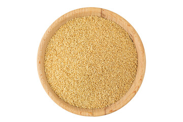 Amaranth grain seeds in wooden bowl isolated on white background. Top view. Flat lay