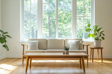 Fototapeta premium A photo of a mid-century modern interior in a country house living room with large windows. Generative AI 