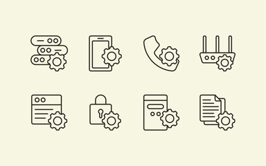 Setting gear line illustration icon set with various digital and analogue device and document