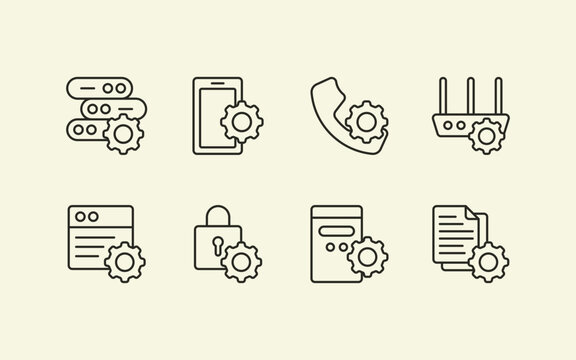 Setting gear line illustration icon set with various digital and analogue device and document