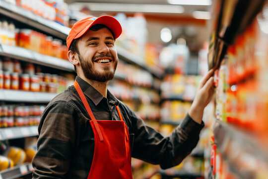 Young male supermarket employee in front of racks in grocery or a supermarket. - Powered by Adobe