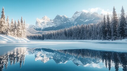 Snow blankets the ground and trees in the Canadian Rockies, reflecting in calm waters as dawn breaks, creating a peaceful winter atmosphere in nature