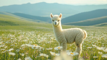 Fototapeta premium Serene Alpaca Foal in Grassy Meadow with Mountain View | Ample Copy Space