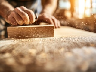 Close-up of a craftsman hand planing wood, showcasing precision and skill in woodworking with flying shavings in soft lighting.