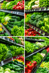 Racks in grocery with fresh healthy fruits and vegetables in a supermarket.