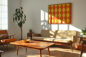 A mid-century modern interior photo of a small city house living room with white walls hanging with art frames and a sofa and table and pot. Generative AI
