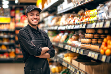 Male supermarket employee in front of racks in grocery or a supermarket.