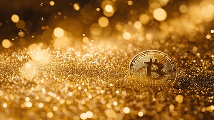 A Bitcoin coin surrounded by a shimmering golden background.