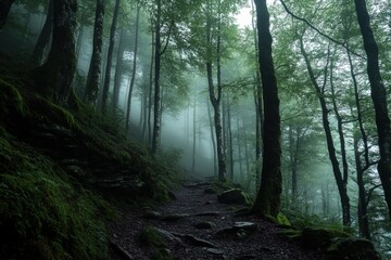 Naklejka premium A captivating image of a mysterious forest path enveloped in mist, flanked by towering trees and lush greenery, evoking a sense of adventure and discovery.