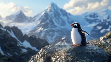 Fototapeta premium A cute penguin stands on a rocky cliff with a snowy mountain range in the background.