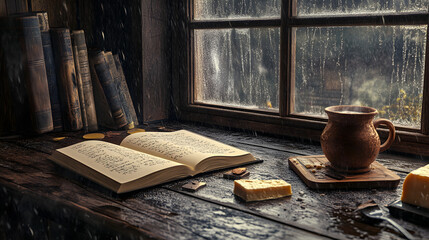una cabaña rustica con un libro y una taza de cafe disfrutando en una ventana con un dia lluvioso dia relajado y tranquilo