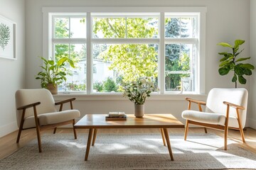 Fototapeta premium Living room with large windows. Minimalist interior photo with armchair and wood table. Generative AI 