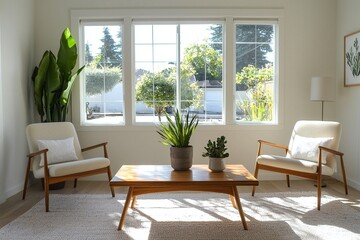Fototapeta premium Living room with large windows. Minimalist interior photo with armchair and wood table. Generative AI 
