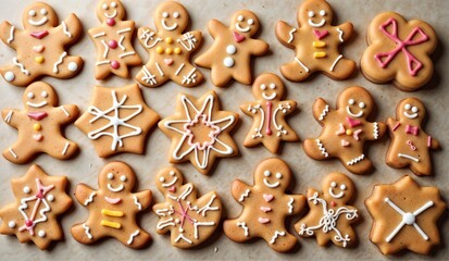 Decorated gingerbread cookies in festive shapes and designs on a parchment background