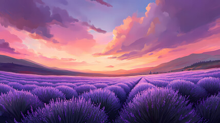 A captivating vista of lavender fields beneath a vibrant sky, evoking a sense of adventure and tranquility. Lavender Fields. Illustration